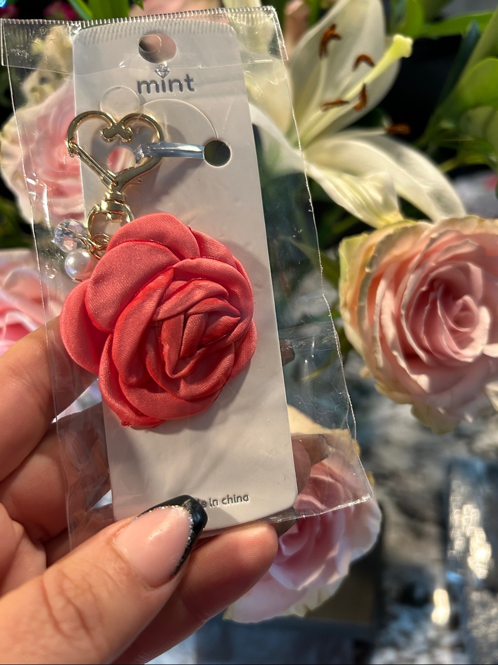 Mint Coral Fabric Rose Keychain bag charm with Gold Heart Clip